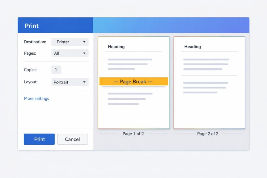 CSS page break for printing shown in a print preview layout