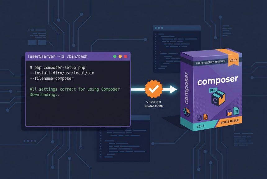 Install Composer on Ubuntu — terminal with composer-setup.php and PHP elephant icon
