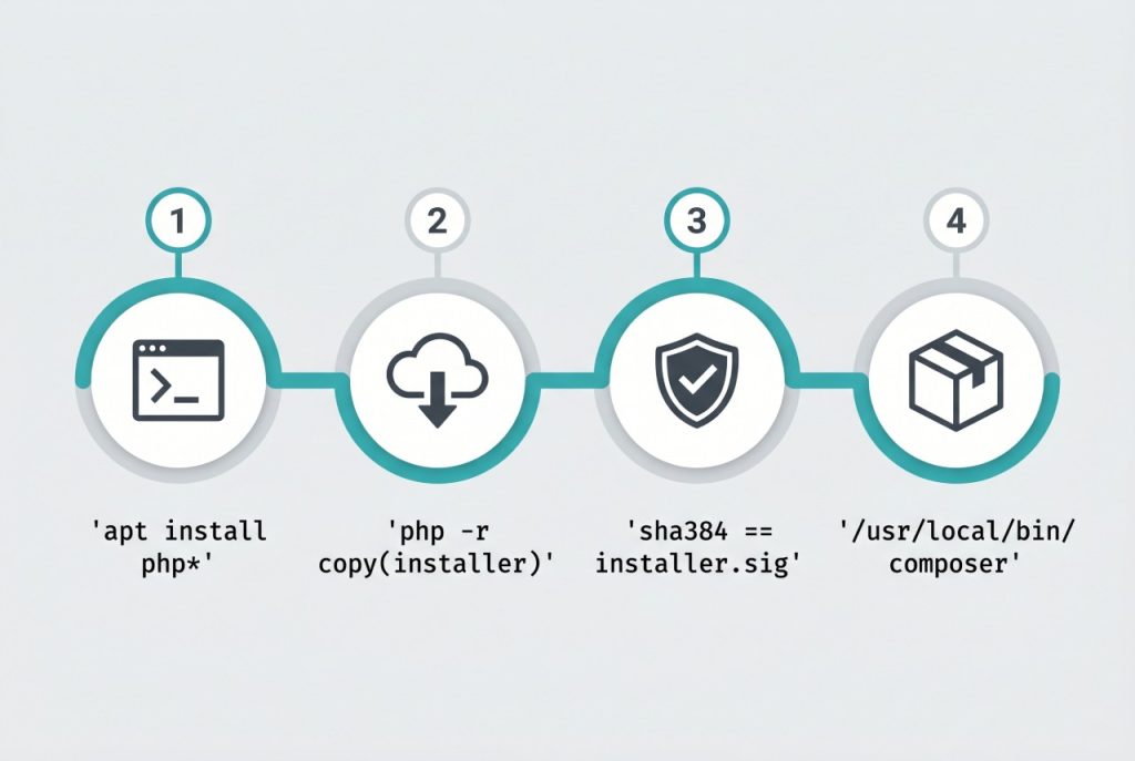 install composer on ubuntu — install php, download installer, verify hash, run setup flow