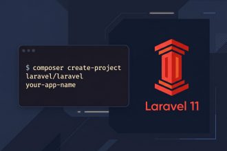 Install Laravel on Ubuntu — terminal with composer create-project command and Laravel red-pillar icon