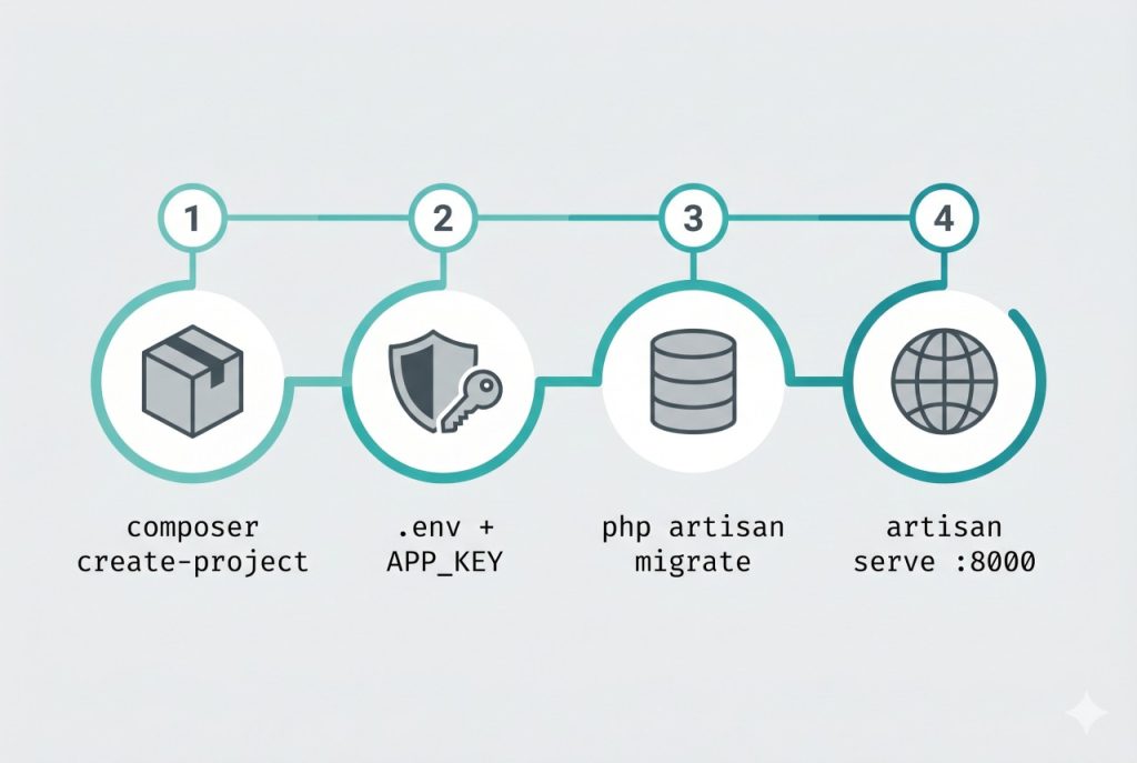 install laravel — create-project, configure .env, key generate, artisan serve flow