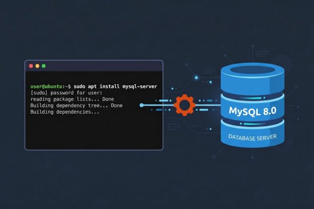 Install MySQL on Ubuntu 22.04 — terminal with apt command and database cylinder icon