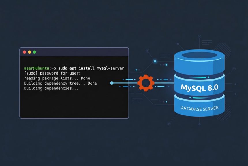 Install MySQL on Ubuntu 22.04 — terminal with apt command and database cylinder icon
