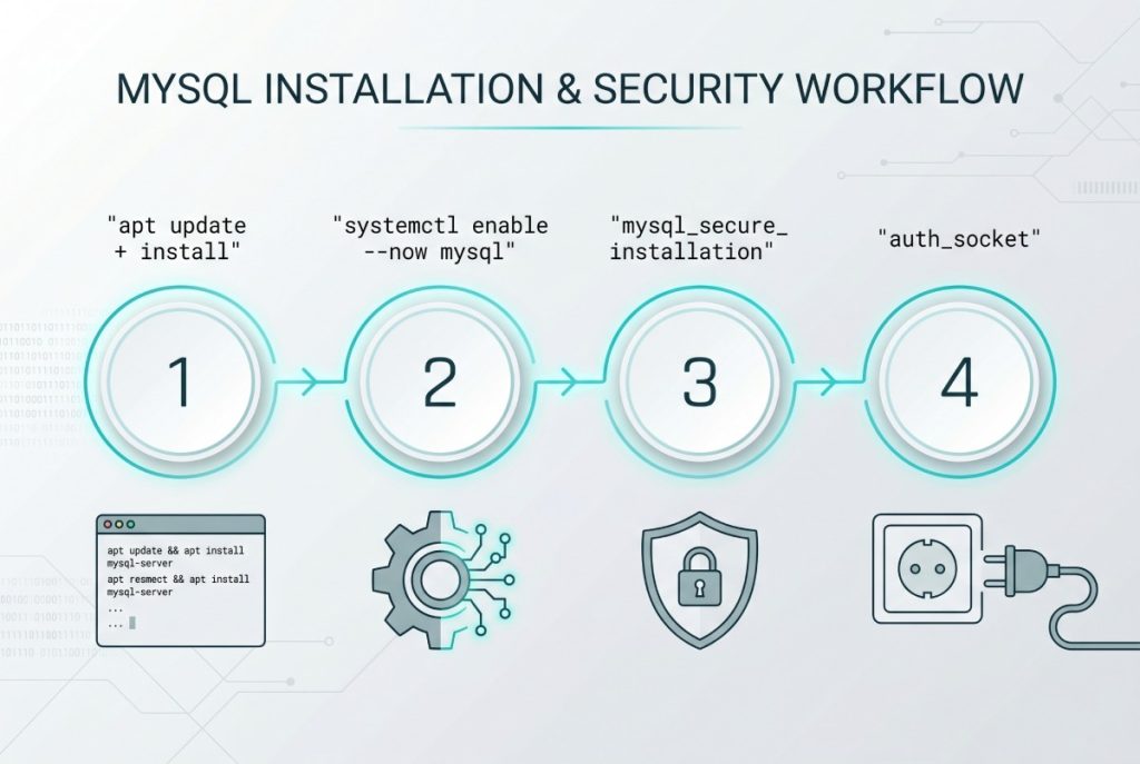 Install MySQL on Ubuntu 22.04 — terminal with apt command and database cylinder icon