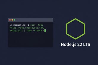 Install Node.js on Ubuntu — terminal with NodeSource setup_22.x curl command and Node.js hexagon icon