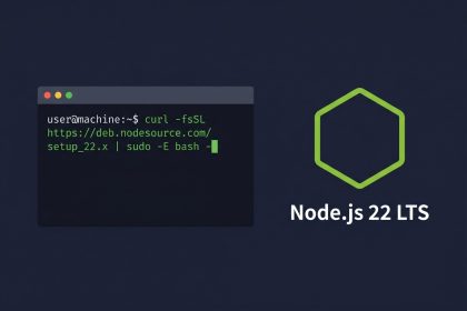 Install Node.js on Ubuntu — terminal with NodeSource setup_22.x curl command and Node.js hexagon icon