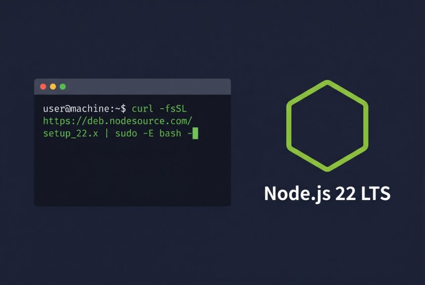 Install Node.js on Ubuntu — terminal with NodeSource setup_22.x curl command and Node.js hexagon icon