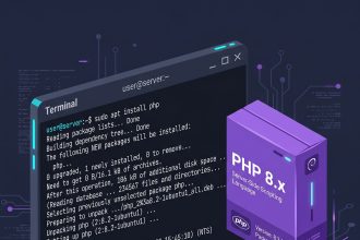 Install PHP on Ubuntu — terminal with apt install php command and stylized elephant icon