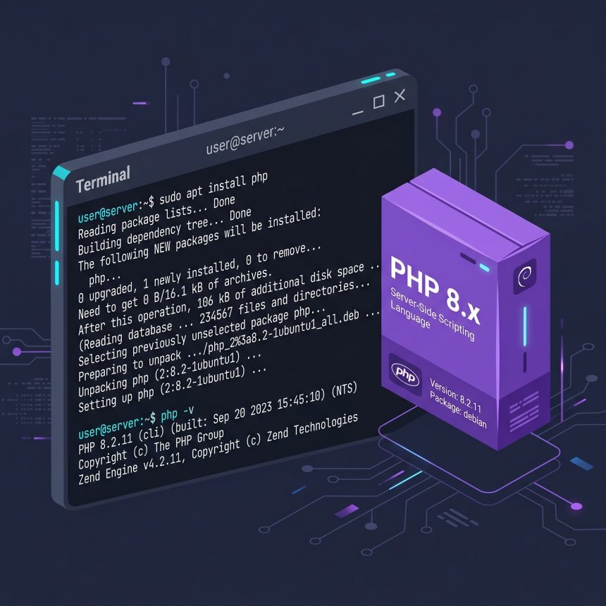 Install PHP on Ubuntu — terminal with apt install php command and stylized elephant icon