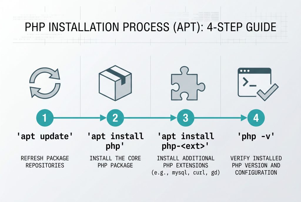 install php on ubuntu — apt install php, add extensions, verify with php -v flow