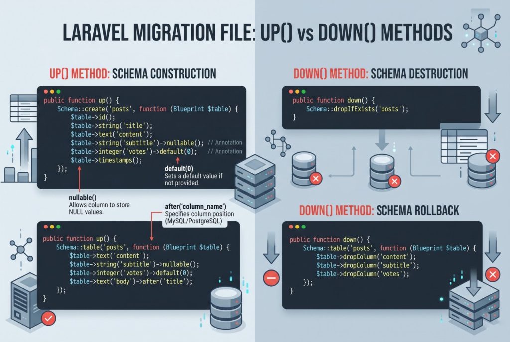 Laravel add_columns_to_transactions_table migration showing the up and down methods