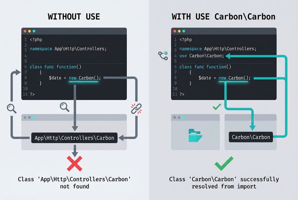laravel carbon not found — namespace resolution flow with and without the use statement
