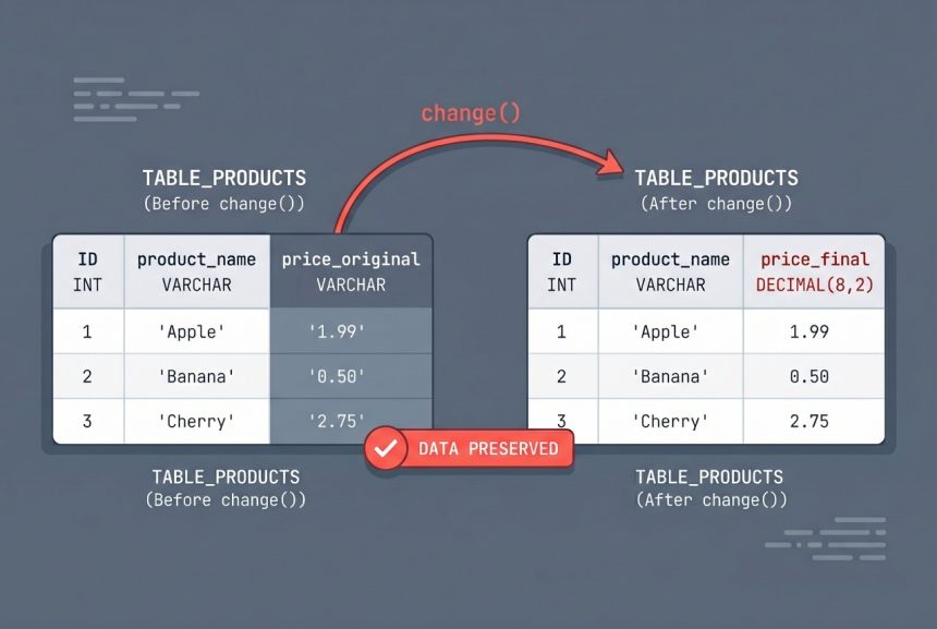 Laravel migration converting a MySQL column type from VARCHAR to DECIMAL without losing data