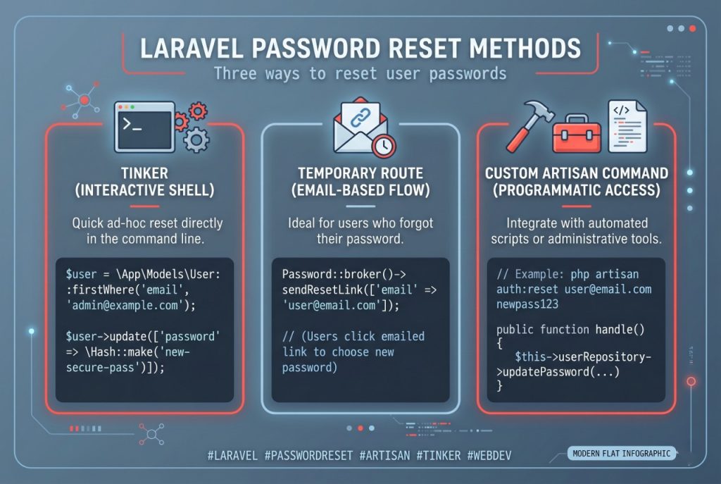 Three ways to change a Laravel user password: artisan tinker, a temporary route, and a custom artisan command