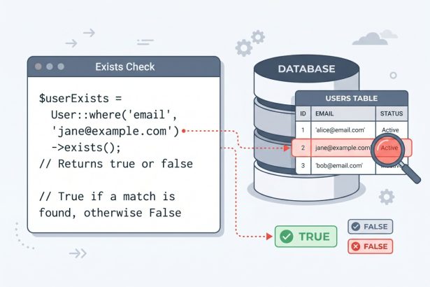 Laravel Eloquent exists method checking if a record exists in a database query