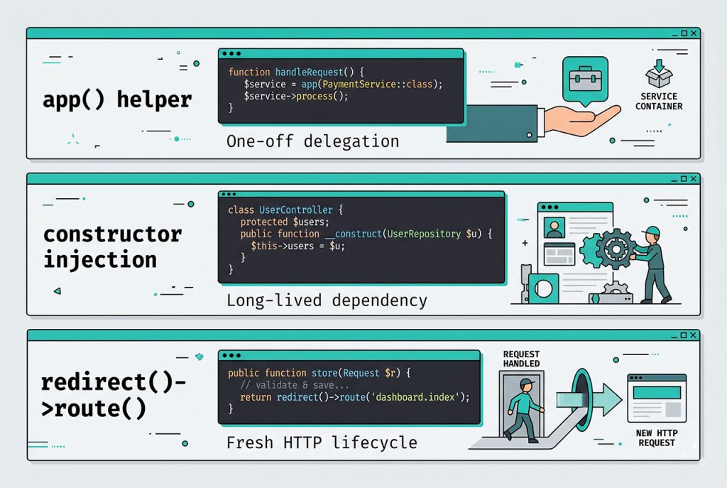 laravel call controller from another controller — app() vs constructor injection vs redirect decision