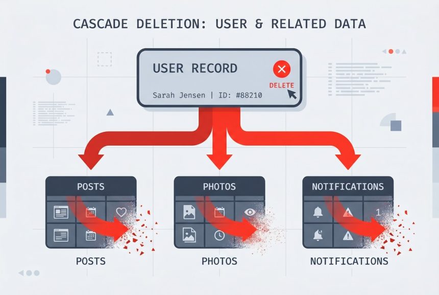Deleting a Laravel user cascades to remove related posts, photos, and notifications