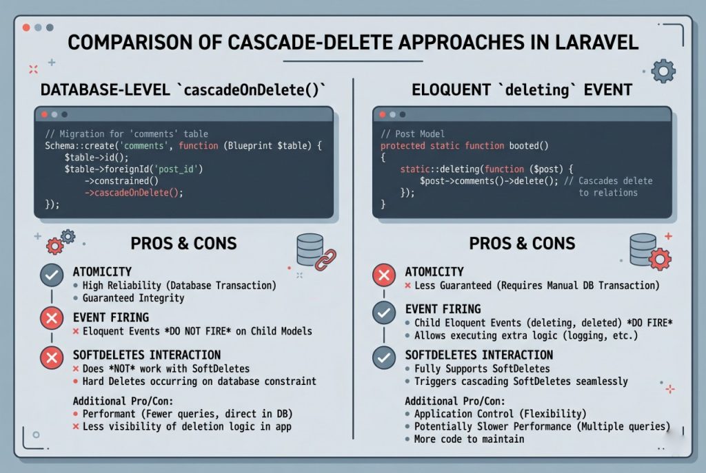 Comparison of database-level cascade vs Eloquent event-based cascade for related row deletion in Laravel