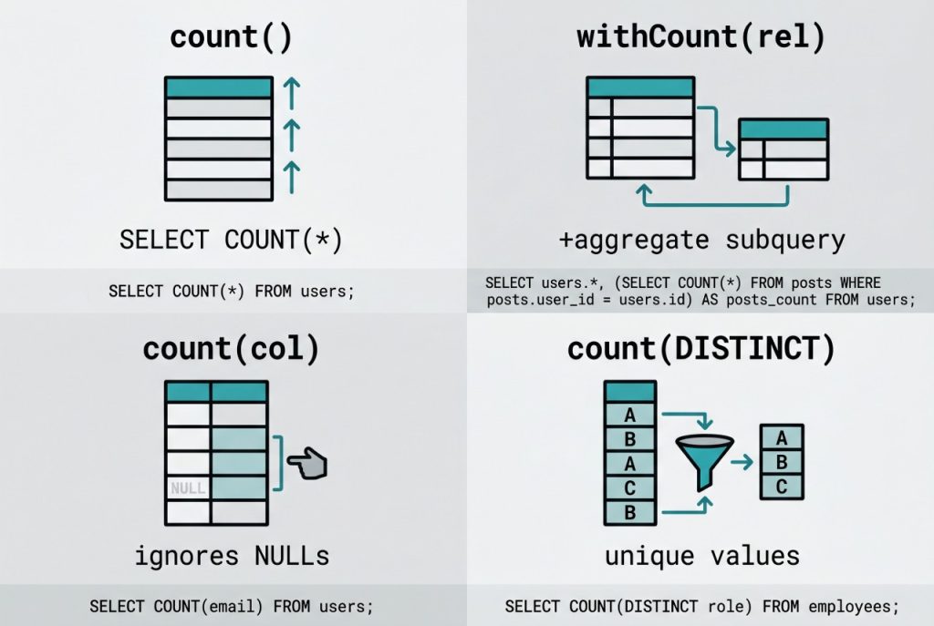 laravel eloquent count rows — count, withCount, count(column), and distinct count comparison
