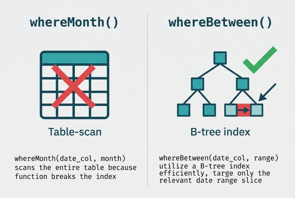 laravel eloquent current month records — whereMonth vs whereBetween index comparison