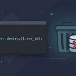 Laravel Eloquent delete record — trash-bin icon next to User::destroy code snippet
