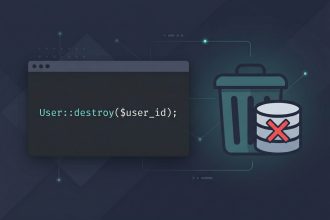 Laravel Eloquent delete record — trash-bin icon next to User::destroy code snippet