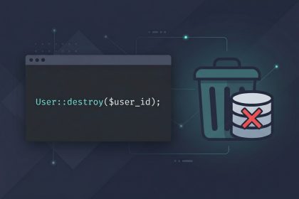 Laravel Eloquent delete record — trash-bin icon next to User::destroy code snippet