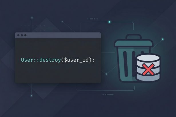 Laravel Eloquent delete record — trash-bin icon next to User::destroy code snippet