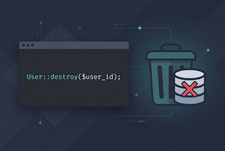 Laravel Eloquent delete record — trash-bin icon next to User::destroy code snippet