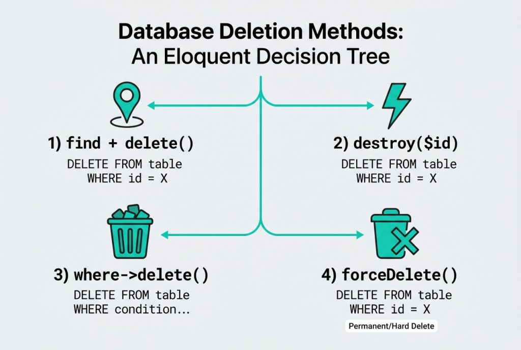 laravel eloquent delete record — find-delete, destroy, mass where-delete, forceDelete decision tree