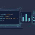 Laravel Eloquent group by count — Book::groupBy('author') query with bar-chart aggregate icon