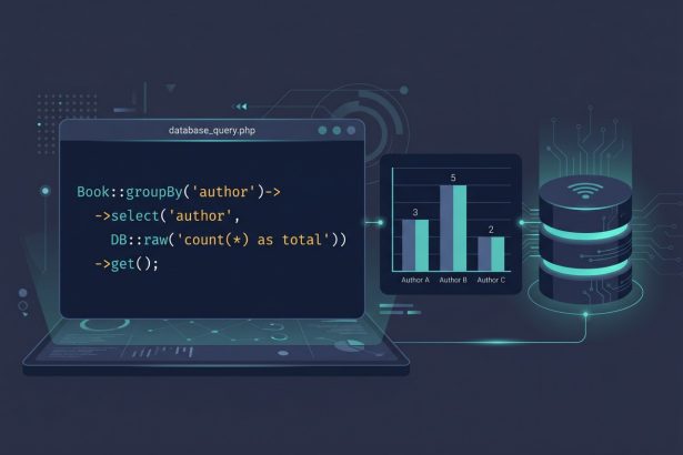 Laravel Eloquent group by count — Book::groupBy('author') query with bar-chart aggregate icon