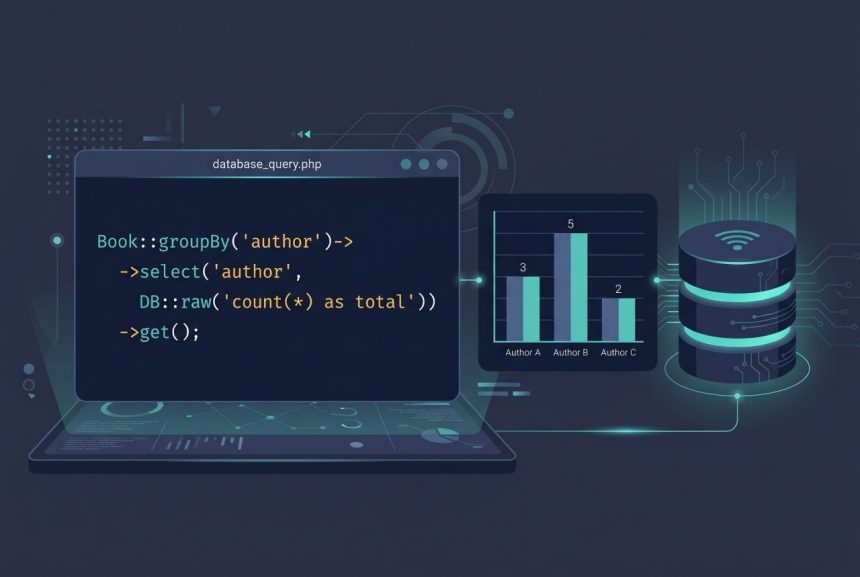 Laravel Eloquent group by count — Book::groupBy('author') query with bar-chart aggregate icon