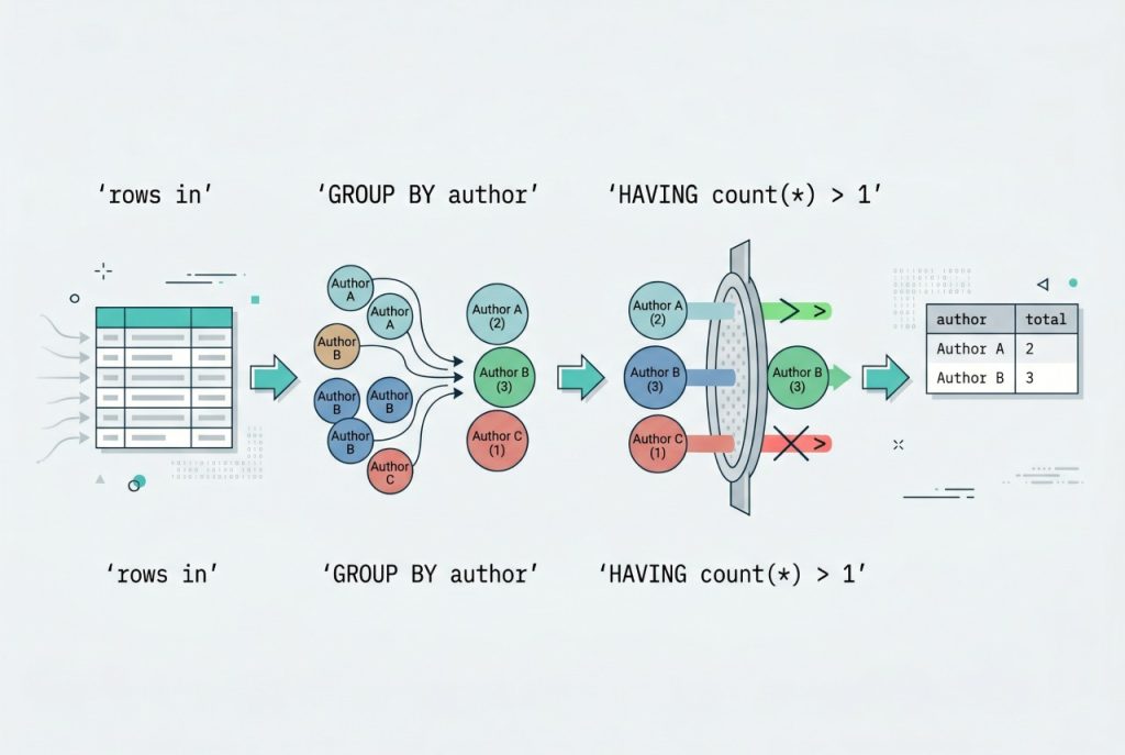 laravel eloquent group by count — groupBy + count(*) + havingRaw filter flow