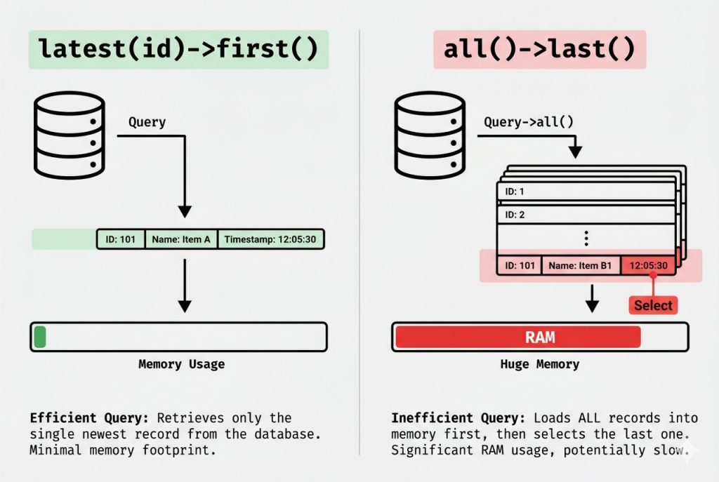 laravel last inserted id — latest() first() versus all() last() memory comparison