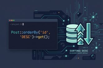 Laravel Eloquent orderBy — code snippet sorting posts by id descending with arrow icons
