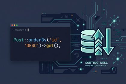 Laravel Eloquent orderBy — code snippet sorting posts by id descending with arrow icons