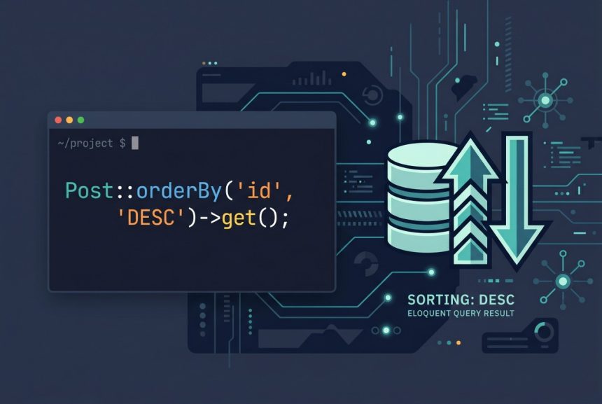 Laravel Eloquent orderBy — code snippet sorting posts by id descending with arrow icons