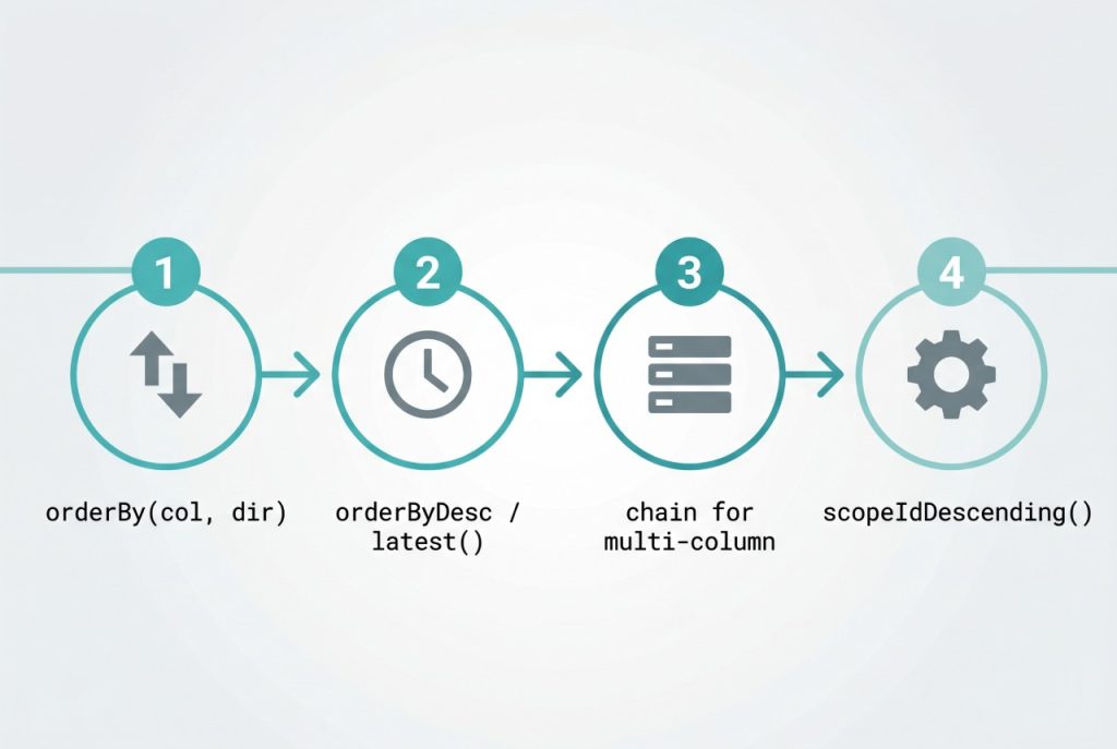 laravel eloquent order by — orderBy, orderByDesc, latest, multi-column, inRandomOrder flow