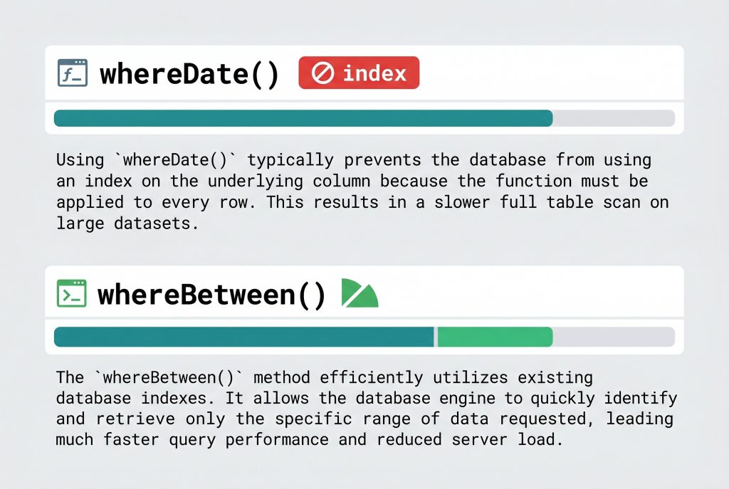 laravel eloquent records today — whereDate vs whereBetween range on created_at