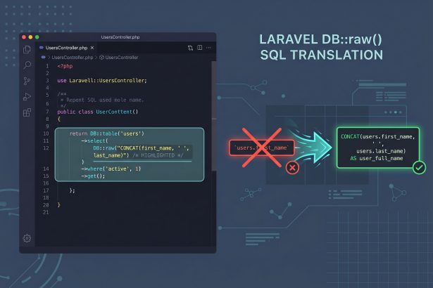Laravel unknown column CONCAT fix — DB::raw and selectRaw bypass identifier escaping
