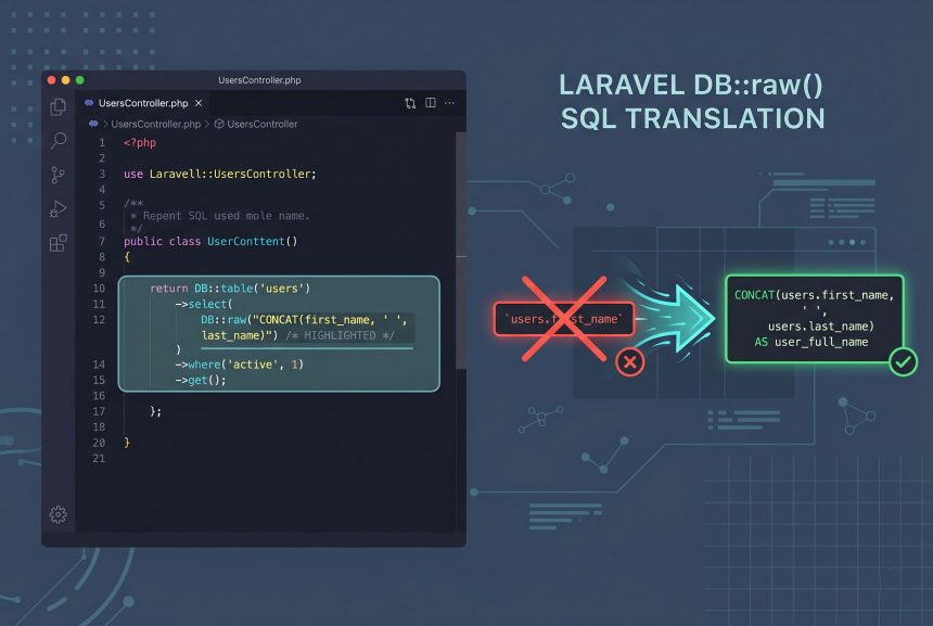 Laravel unknown column CONCAT fix — DB::raw and selectRaw bypass identifier escaping