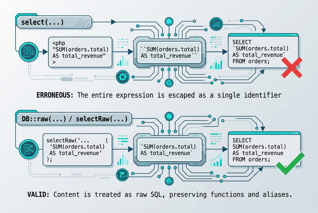 laravel unknown column CONCAT — select escapes identifiers, DB::raw and selectRaw bypass that