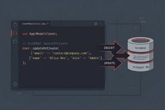 Laravel updateOrCreate method shown in an Eloquent code snippet with insert and update branches