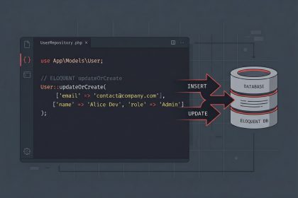 Laravel updateOrCreate method shown in an Eloquent code snippet with insert and update branches