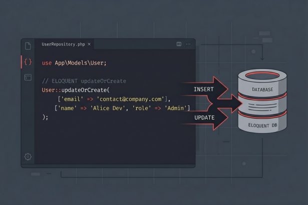 Laravel updateOrCreate method shown in an Eloquent code snippet with insert and update branches