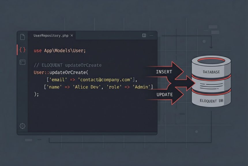 Laravel updateOrCreate method shown in an Eloquent code snippet with insert and update branches