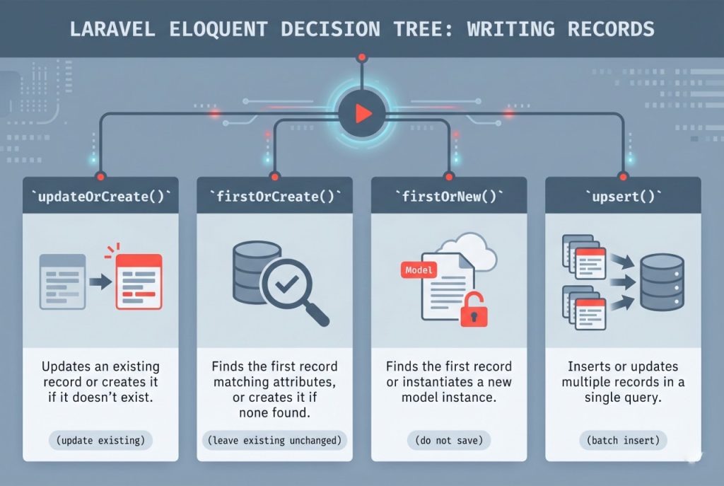 Decision tree comparing Laravel Eloquent updateOrCreate, firstOrCreate, firstOrNew, and upsert methods
