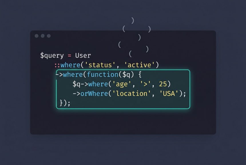 Laravel Eloquent multiple where and orWhere — closure-grouped query snippet with parenthesis highlight