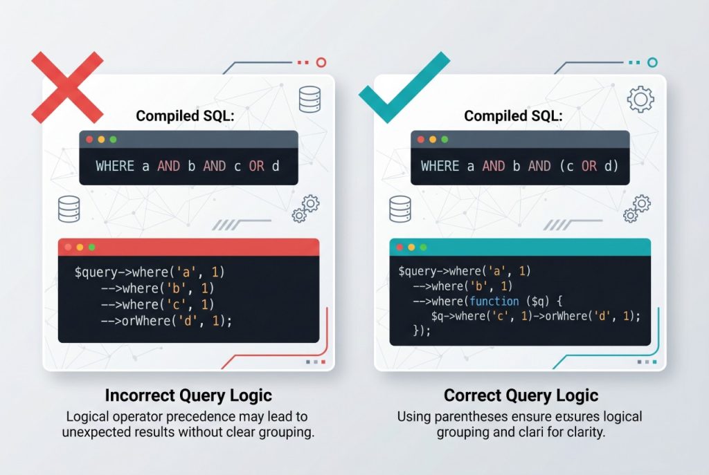 laravel eloquent multiple where orwhere — closure grouping vs flat chain precedence diagram